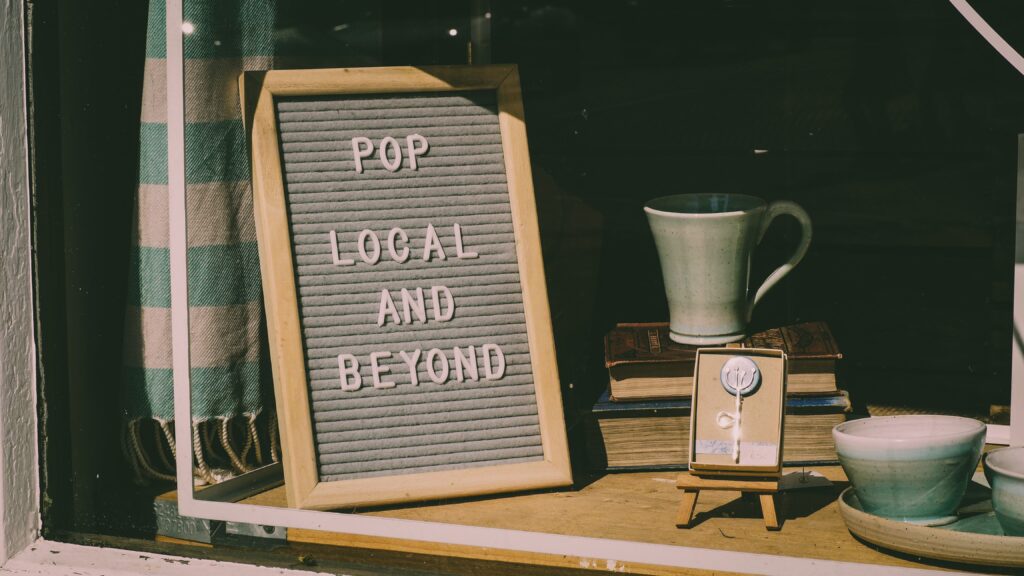 Local business with a framed sign at the window