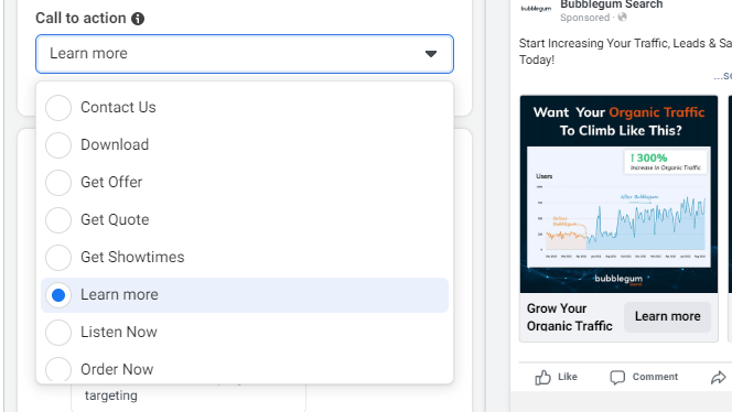 Facebook ads call to action options