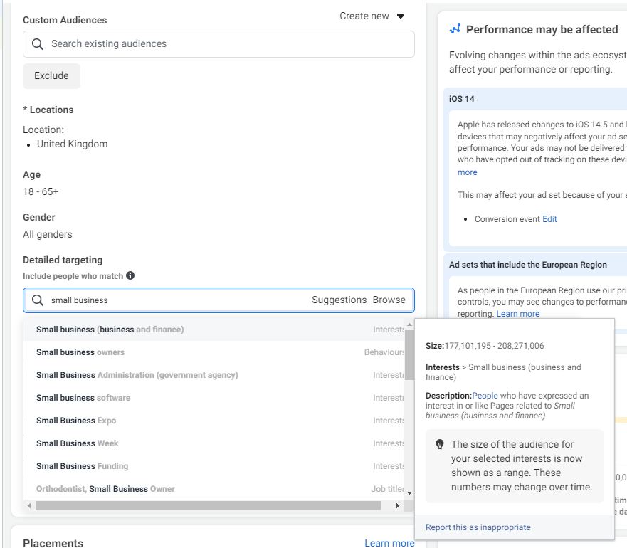 Choosing audience on Facebook Ads