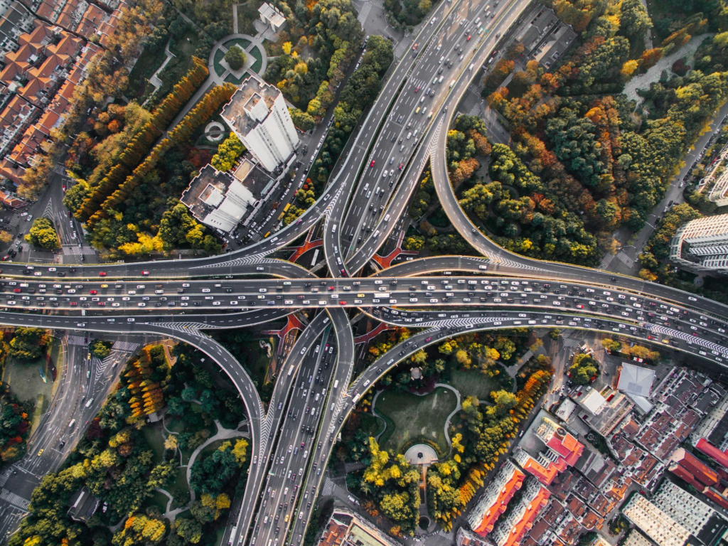 Bird’s eye view of crossroads with traffic