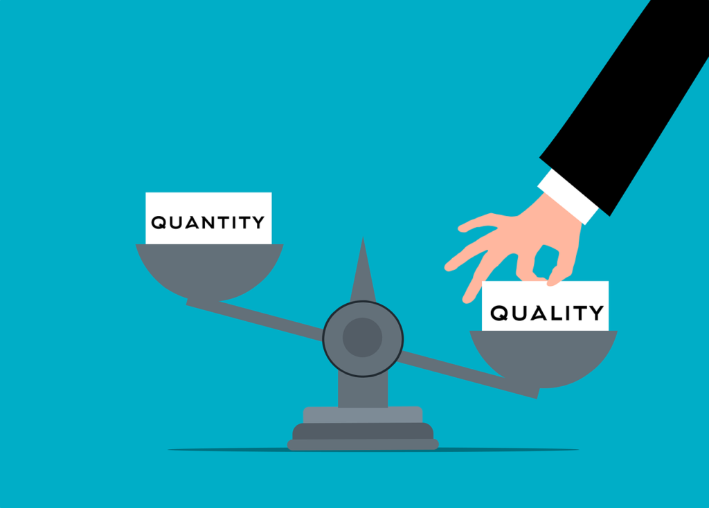 Illustration of scales showing quality over quantity